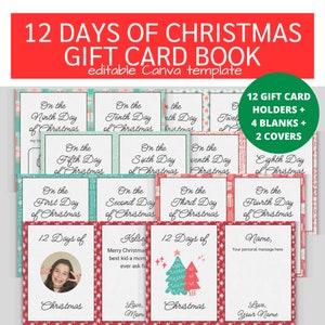 May include: A Christmas-themed gift card book with the text "12 Days of Christmas." The book includes 12 gift card holders, 4 blanks, and 2 covers. The design features red and white borders with Christmas tree and snowflake motifs.