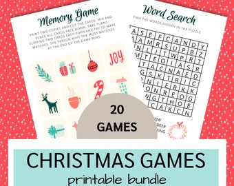 May include: A printable Christmas games bundle featuring a memory game and a word search. The memory game includes illustrated cards with holiday themes. The word search puzzle is on a separate page. The bundle includes 20 games. The text says "CHRISTMAS GAMES printable bundle."