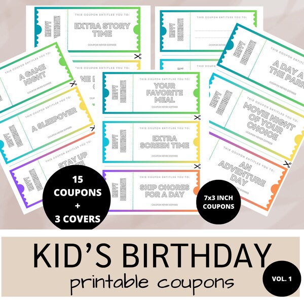 Colorful Kids Birthday Coupon Book Vol 1 | Printable Child Bday Present | Birthday Gift for Boy Girl | Gender Neutral Childs Birthday Party