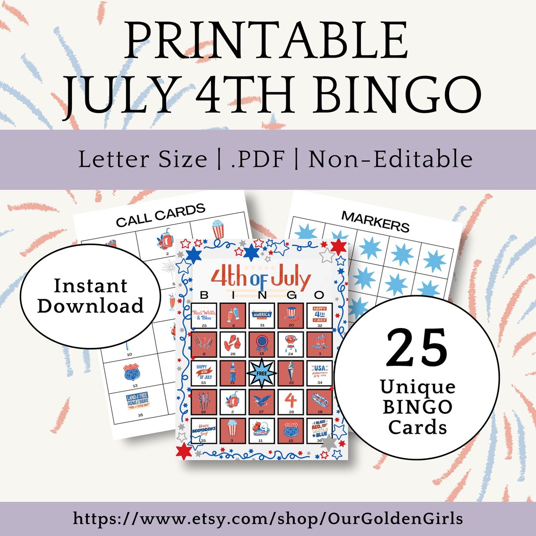 Printable July 4th BINGO Cards Independence Day BINGO 4th Etsy