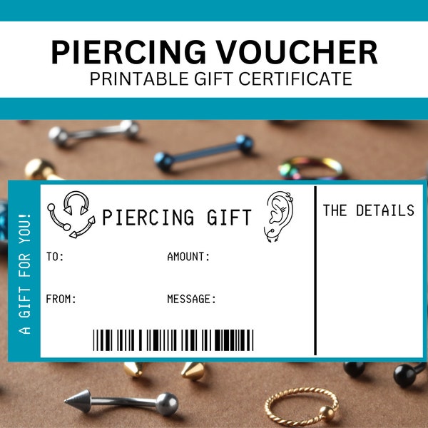 Chèque cadeau piercing | Bon cadeau pour le premier piercing d'oreille à imprimer | Septum, langue, cartilage, nez, hélice, tragus, lambi, tour, nombril