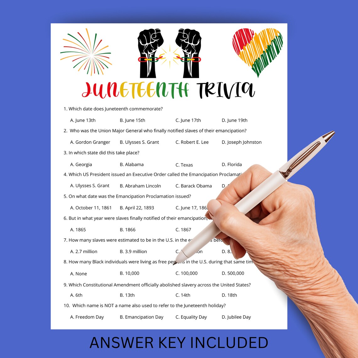 Juneteenth Quiz Printable | Freedom Day Trivia Game | Jubilee Day ...