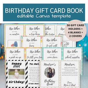 Libro de tarjetas de regalo de feliz cumpleaños / Soporte para tarjetas de regalo de Canva editable / Plantilla de libro de tarjetas de regalo / Libro personalizado de tarjetas de regalo de cumpleaños número 21 para niñas