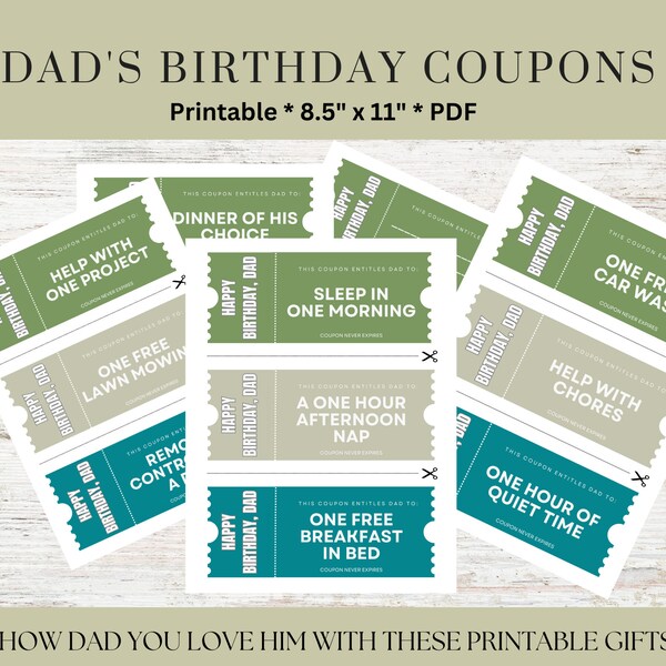 Dads Birthday Printable Coupons | Coupons for Father | Dad Gift Ideas | Dad Gift from Kids | Gifts for Him | Last Minute Dad Gift