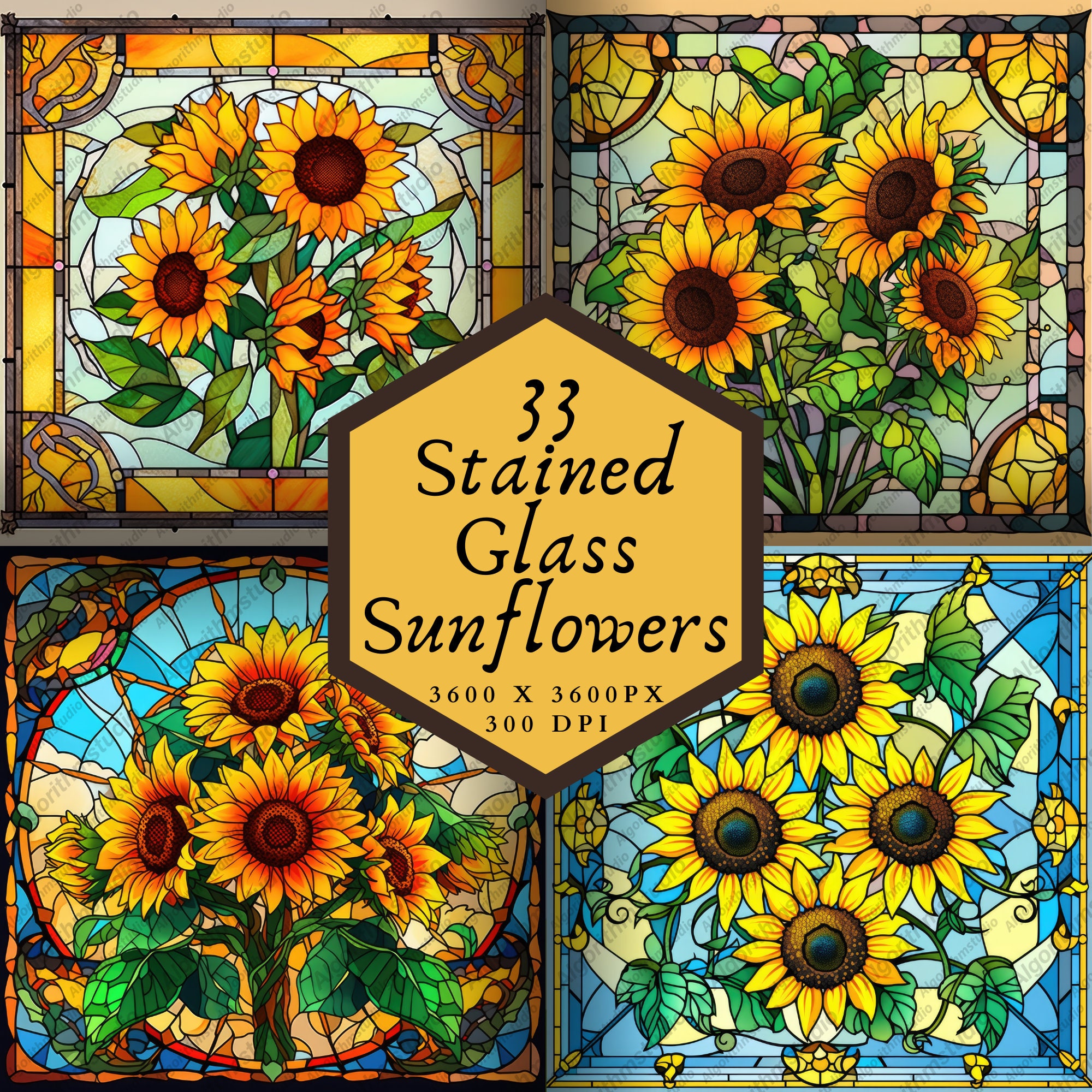 Sunflower with Leaves Stained Glass 12x12 Patterned Vinyl Sheet