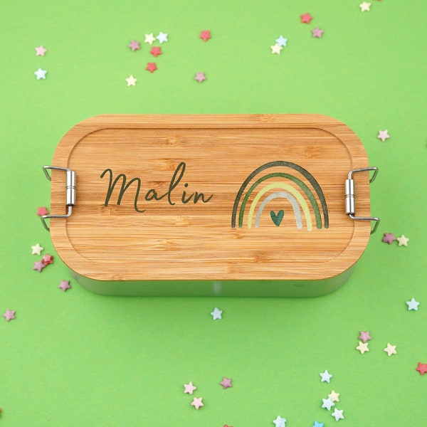 Bread box personalized with desired name I gift for children I back to school I stainless steel lunch box I colored rainbow green