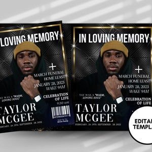 8.5&quot;x 11&quot;  Black and Gold Obituary Template (8 pages)  In loving memory Black Magazine Style Funeral Program |Celebration of Life | Canva