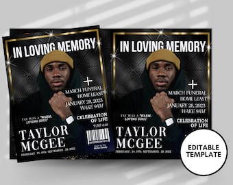 8.5"x 11"  Black and Gold Obituary Template (8 pages)  In loving memory Black Magazine Style Funeral Program |Celebration of Life | Canva