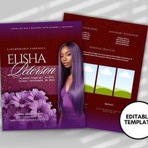 Funeral programs 8.5x11 editable template 2 page Women&#39;s Lavender Purple In loving memory funeral brochure printing DIY Funeral booklet
