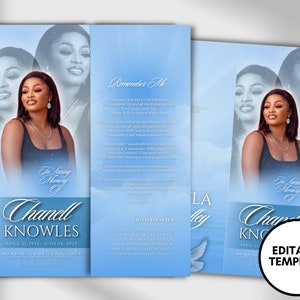 17&quot;x11&quot; GATEFOLD Memorial program| Blue and White Funeral Program |Celebration of Life |Keepsake |Digital Download |Canva Template