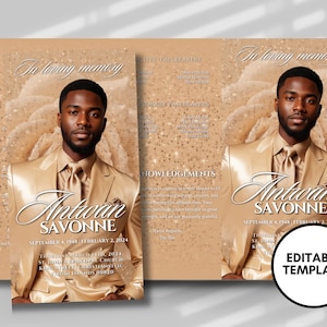 Funeral programs 17x11 editable template TRIFOLD Mens Beige Sparkle In loving memory funeral brochure printing DIY Funeral booklet