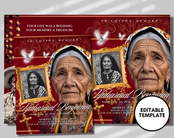 May include: A red and gold funeral announcement template with a photo of a woman in a traditional dress. The text reads "In Loving Memory Yaharial Benjamin February 24, 1976 - September 28, 2022" and includes details about the funeral service. The template is editable.