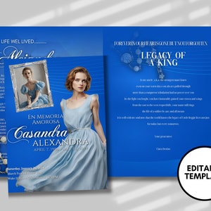 8.5&quot;x 11&quot; Women&#39;s Blue Obituary Template (8 pages) Women&#39;s Style Funeral Program | Celebration of Life | Obituary|Canva Template