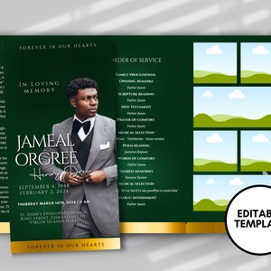 Funeral programs 17x11 editable template TRIFOLD Mens Green In loving memory funeral brochure printing DIY Funeral booklet