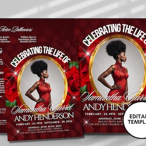 8.5&quot;X11&quot; BOOKLET Memorial program (8 pages)| Bright Red Funeral Program |Celebration of Life |Keepsake |Digital Download |Canva Template