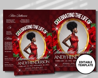 May include: A red and gold funeral announcement template with a photo of a woman in a red dress. The text reads "Celebrating the Life of Samantha Garret Andy Henderson" with dates and locations for the funeral services.