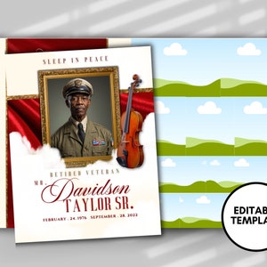 May include: A printable memorial card template featuring a photo of a man in military uniform, a violin, and the text "Sleep in Peace", "Retired Veteran", "Mr. Davidson Taylor Sr.", "February 24, 1976 September 28, 2022", and "Editable Template".