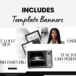 May include: A collection of social media banner templates for a lash business. The banners feature text that says "Shop the Lash Out Loud Collection", "Lash Essentials for Every Queen", "Welcome to Lashed & Tif", and "Tune into Lash Perfection".