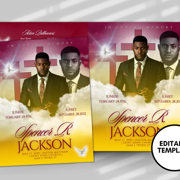 Burgundy  SUNRISE BOOKLET Memorial program (8 pages) | Yellow Cloud Funeral Program |Celebration of Life |Keepsake |Digital Download |Canva