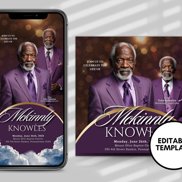 Purple Elder Memorial Announcement  Flyer, Memorial Flyer,Bokeh Rest In Peace Funeral Invitation Template, D.I.Y Memorial Invite, Canva