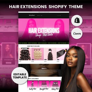May include: A website design for hair extensions, featuring a pink and black color scheme. The site showcases various hair extension styles, including curly, straight, and wavy hair. The text "HAIR EXTENSIONS Shop The Sale" is prominently displayed.