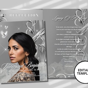 8.5&quot;x 11&quot; Silver Women&#39;s Obituary Template (8 pages) Women&#39;s Style Funeral Program | Celebration of Life | Obituary|Canva Template