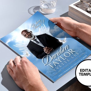 May include: A blue and white memorial booklet with a photo of a man in a suit and a white dove. The text reads "In Loving Memory of Davidson Taylor Yvette Lee, February 24, 1976 - September 28, 2022, 12324 S Damien Ave Chicago, IL 60628". The booklet has the words "Editable Template" in a circle at the bottom.