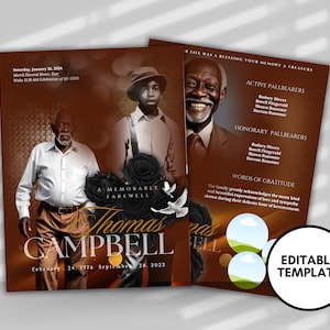 May include: A brown and gold funeral announcement template with a photo of a man in a suit and a photo of a younger man in a hat. The text reads "A memorable farewell, Thomas Campbell, February 24, 1976 - September 28, 2022".