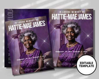 8 PAGE 8.5"x11" BOOKLET Memorial program| Purple Sparkle Funeral Program |Celebration of Life|Keepsake|Digital Download |Canva Template