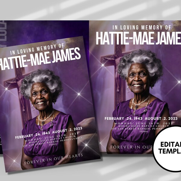 8 PAGE 8.5"x11" BOOKLET Memorial program| Purple Sparkle Funeral Program |Celebration of Life|Keepsake|Digital Download |Canva Template