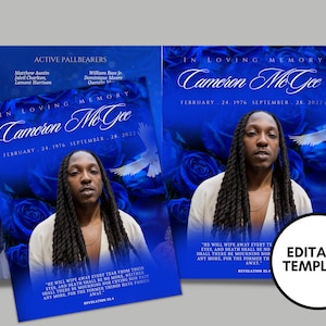 LIVRET 23 x 11 po. Programme commémoratif (8 pages) | Programme bleu des funérailles | Célébration de la vie | Souvenir | Téléchargement numérique | Modèle toile