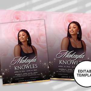 8.5&quot;x 11&quot; LIGHT PINK Obituary Template (4 pages)  Pink Style Funeral Program | Celebration of Life |Women Pink Rose Obituary |Canva Template