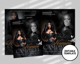 Women Luxury Black Funeral Memorial Booklet (8 pages) |Elegant Style Funeral Program | In Loving Memory  |Women Black gold Program |Canva