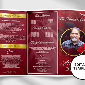 Könnte beinhalten: Dreifach gefaltete Trauerkartenvorlage in Burgunderrot und Gold. Die Vorderseite zeigt ein Foto eines Mannes, Rosen und den Text "En Memoria Amorosa". Im Inneren befinden sich Textbereiche, darunter "Expression of Love" und "Message from Car".