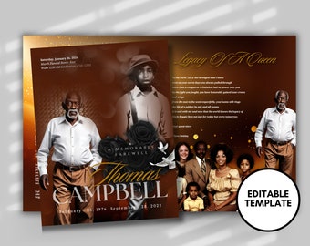 Men's Funeral Program Template: Brown Obituary Booklet (8.5x11, Editable)