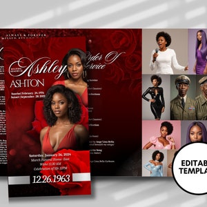 Elegant Red Rose Funeral Program Template: Trifold Memorial Brochure (17x11&quot; Editable)