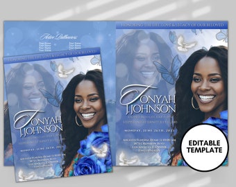 8.5"x11" BLUE BUTTERFIES Memorial program (4 pages) | BLUE Funeral Program |Celebration of Life |Keepsake |Digital Download |Canva Template