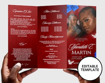 May include: A red and white tri-fold funeral program template with a photo of a woman. The program includes the text "Celebrating the Beautiful Life of Yamileth E. Martin" and the dates "February 24, 2023 - September 1, 2023".