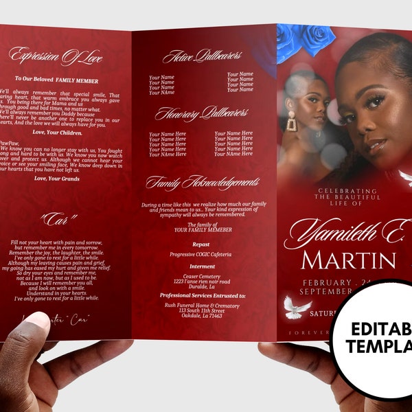 17"x11" FUNERAL OBITUARY TEMPLATE (2 pages) |Elegant Style Funeral Program | Celebration of Life |Keepsake |Digital Download |Canva Template