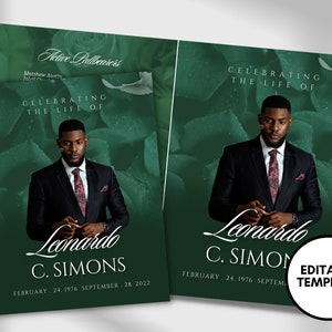 8.5&quot;x11&quot; BOOKLET Memorial program (4 pages)| Mens Green Funeral Program |Celebration of Life |Keepsake |Digital Download |Canva Template