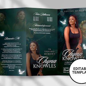 Emerald Green Funeral Program Template: Elegant Obituary (Canva Editable)