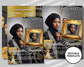 Muslim Funeral Program Template: Gold & Black Obituary (Canva, 8.5"x11")