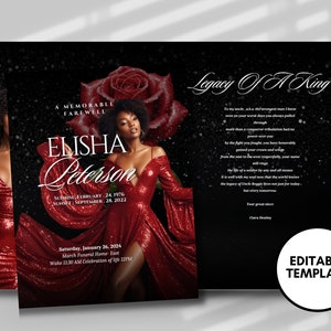 Red & Black Funeral Program Template: 8-Page Memorial Booklet (8.5x11) (DIY Canva)