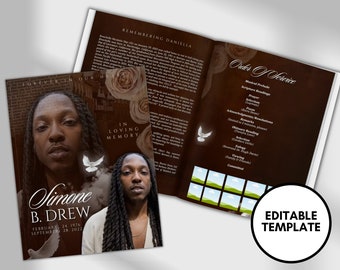 May include: A brown and white funeral program template with a photo of a person on the front cover. The program includes an order of service with headings for musical prelude, scripture readings, prayer, selection, poem, acknowledgements, remarks, obituary reading, eulogy, and viewing. The template is editable.