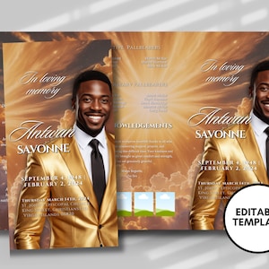 Funeral programs 17x11 editable template TRIFOLD Mens  Gold Sunshine In loving memory funeral brochure printing DIY Funeral booklet