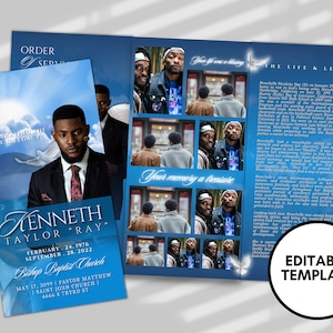 17&quot;x11&quot; FUNERAL PHAMPLET TEMPLATE (2 pages) |Elegant Style Funeral Program | Celebration of Life |Women Blue Rose Obituary |Canva Template