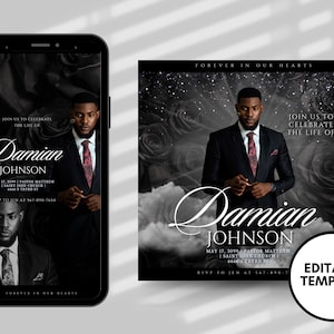 All Black Memorial Announcement  Flyer, Memorial Flyer, Rest In Peace Funeral Invitation Template, D.I.Y Memorial Invite, Canva