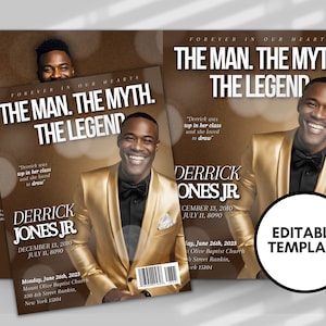 Könnte beinhalten: Eine goldene und braune Gedenkkarte mit einem Foto eines lächelnden Mannes in einem goldenen Anzug. Die Karte lautet "Forever in our hearts, The Man. The Myth. The Legend." und enthält den Namen "Derrick Jones Jr." mit den Daten "December 13, 2010 - July 11, 8090". Die Karte enthält auch den Text "Editable Template".