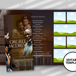 May include: A funeral program template with a brown background and a photo of a man. The program includes the name "Orgree McDrew" and the dates "September 4, 1946 - February 2, 2024". The program also includes a list of the order of service for the funeral.