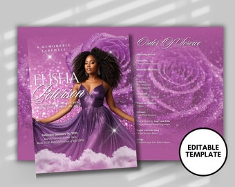 Può includere: Un programma di servizio commemorativo pieghevole in due, viola con dettagli glitterati. La copertina presenta una foto di una donna in abito viola, il nome "ELISHA Peterson" e i dettagli dell'evento. L'interno elenca l'ordine del servizio.